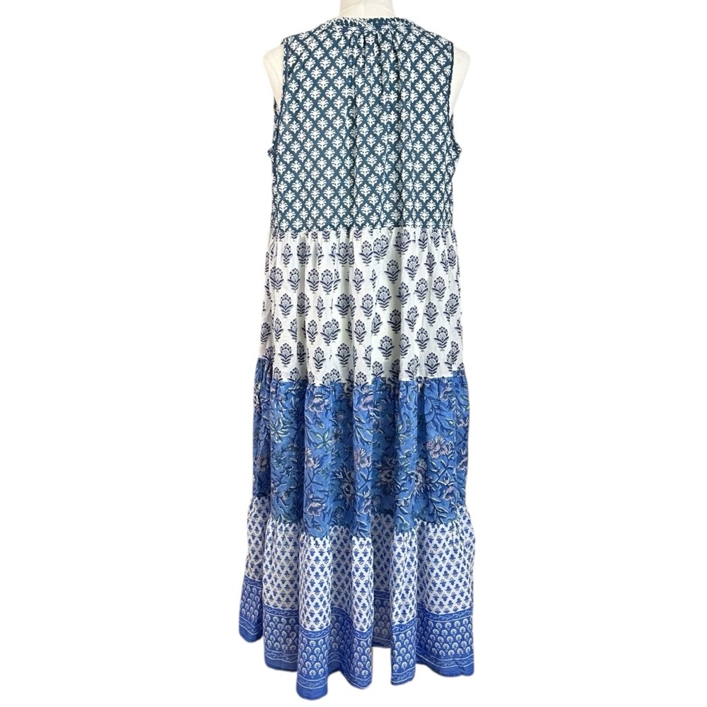 Tuckernuck Bohemian Indian Cotton Tiered Block Print Maxi Dress Medium Retro 70s - Picture 3 of 8